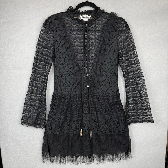 Meghan Los Angeles Tops - Meghan Los Angeles Lace Dress/Tunic Top Womens 0 Black Sheer Boho Bell Sleeve